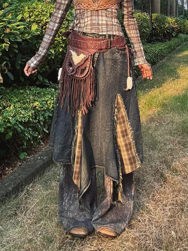 Fashion Plus Size Plaid Skirt Quilt Jean Skirt, Plus Size Denim