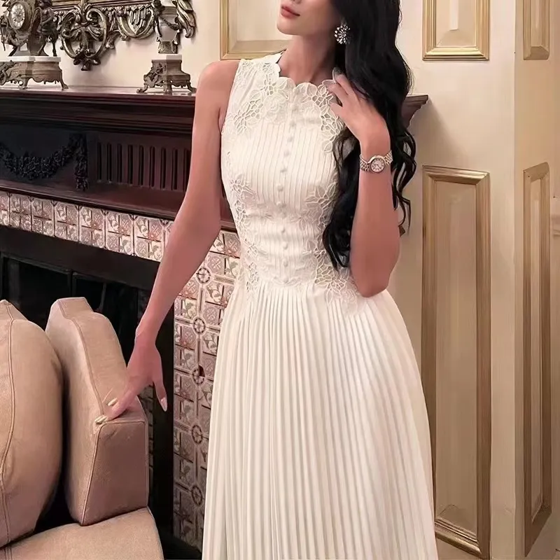 White Embroidery Lace Pleated Chiffon Midi Dress with Stand Collar and Sleeveless Petal Sleeves from Dhgate Basic & Casual Dresses - price 53.2 White Embroidery Lace Pleated Chiffon Midi Dress with Stand Collar and Sleeveless Petal Sleeves from Dhgate Basic & Casual Dresses - price 53.2