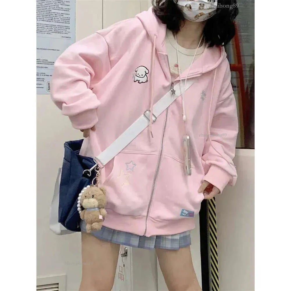 QWEEK Harajuku Kawaii Pink Zipper Hoodie Womens Japanese Y2K Sweet