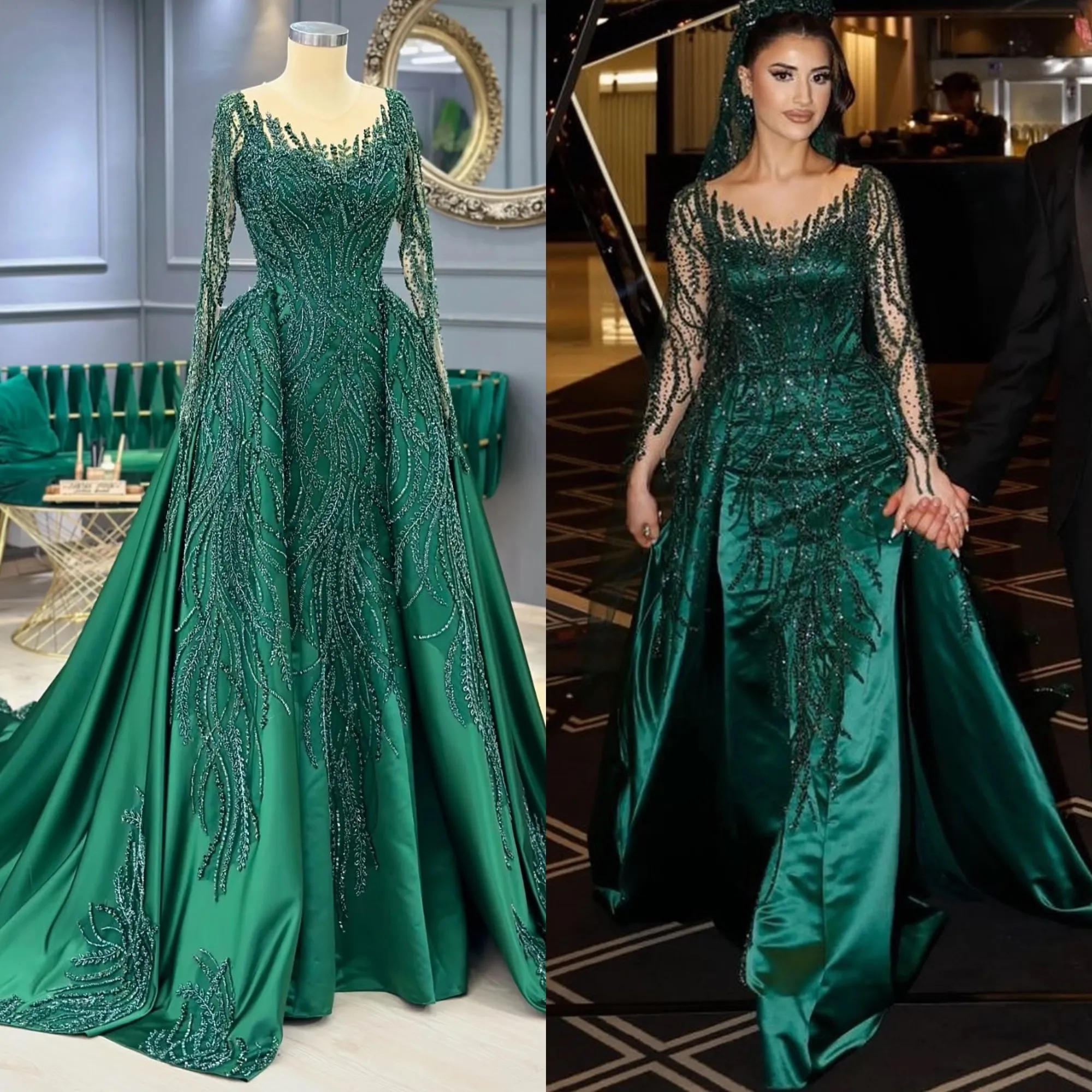 fitted lace wedding dress One Shoulder Long Sleeves Dark Green Prom Dress With Beadings – Newinlook main image 1