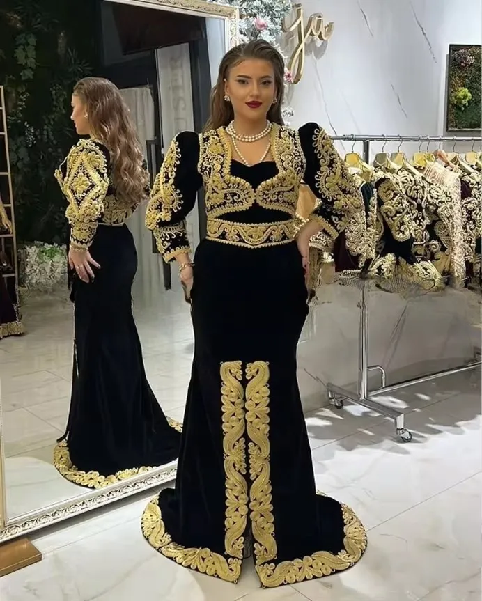 Vintage Black Velvet Evening Dress 2025 Moroccan Style Gold Lace, Long  Sleeves Formal Prom Gown, Customized Vestido de Fiesta