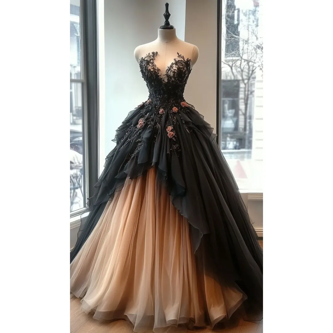 black and peach prom dresses Butterfly Appliques Two-tone Navy and Peach Prom Dress
