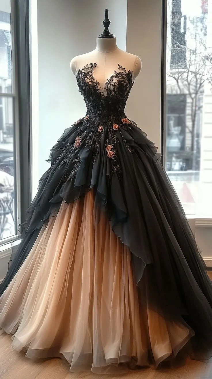 black and peach lace dress 1950s Handmade Strapless Black/Peach Lace Dress