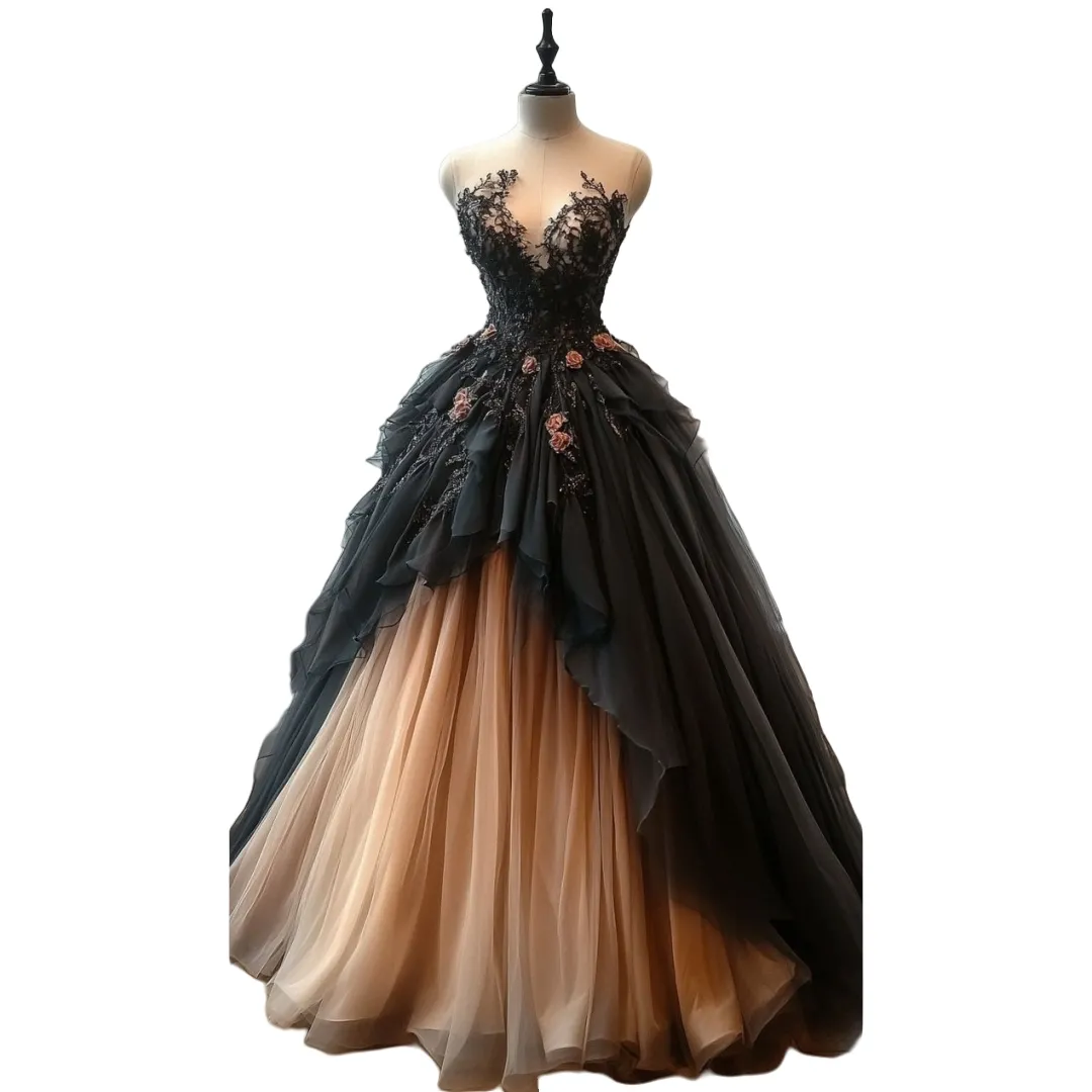 black and champagne prom dress A-Line Tulle Lace Champagne/Black Long Prom Dress, Champagne/Black Formal Dress US 10 / Black/Champagne