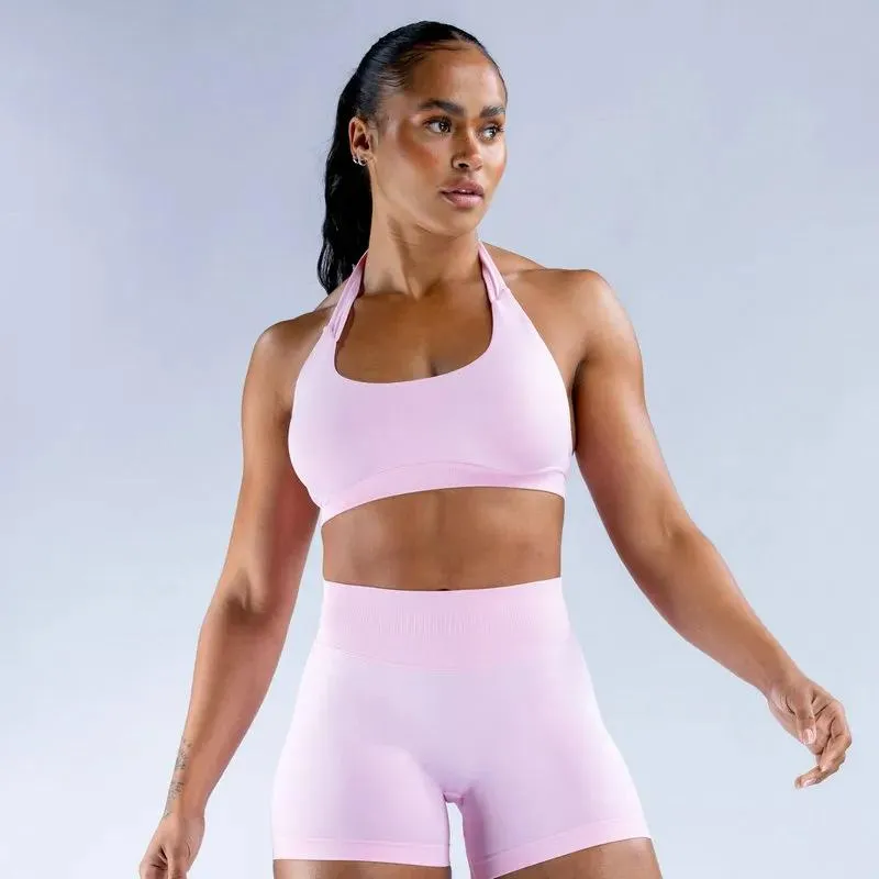2pcs Impact Sports Set Seamless Yoga Sets Halter Bra High Waist Shorts Workout Sets Scrunch Shorts Summer Fitness Clothes Gym Suits Outfit Active Wear Hot Sell