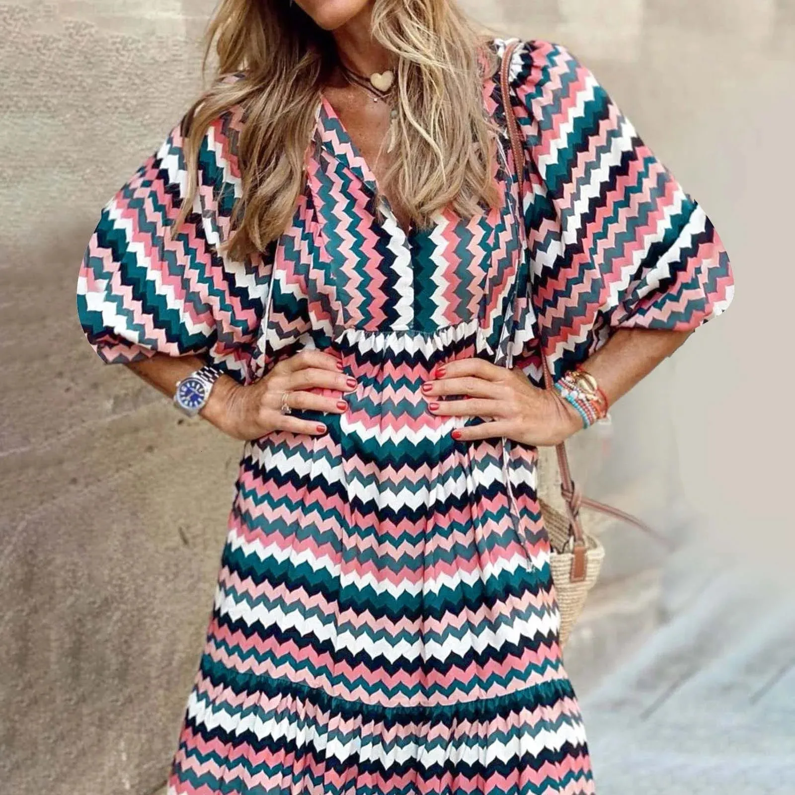 Bohemian Floral Print long sleeve boho dress for Women - Loose Fit, Bell Sleeves, Flowy, A-Line Sundress for Summer Holidays (250213)