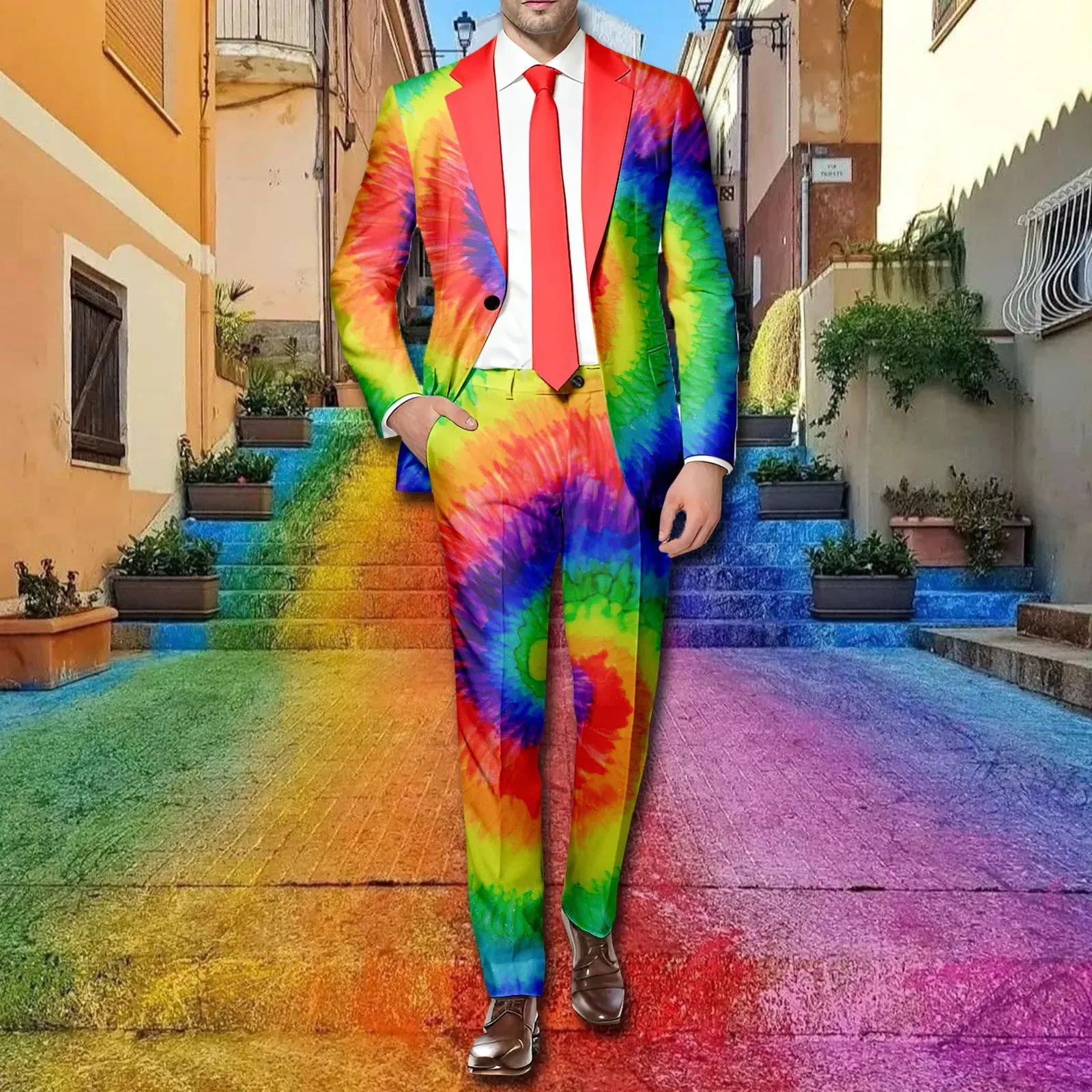 Multicolour Coat Pant Rainbow Color Printed Men Suit Piece Set 