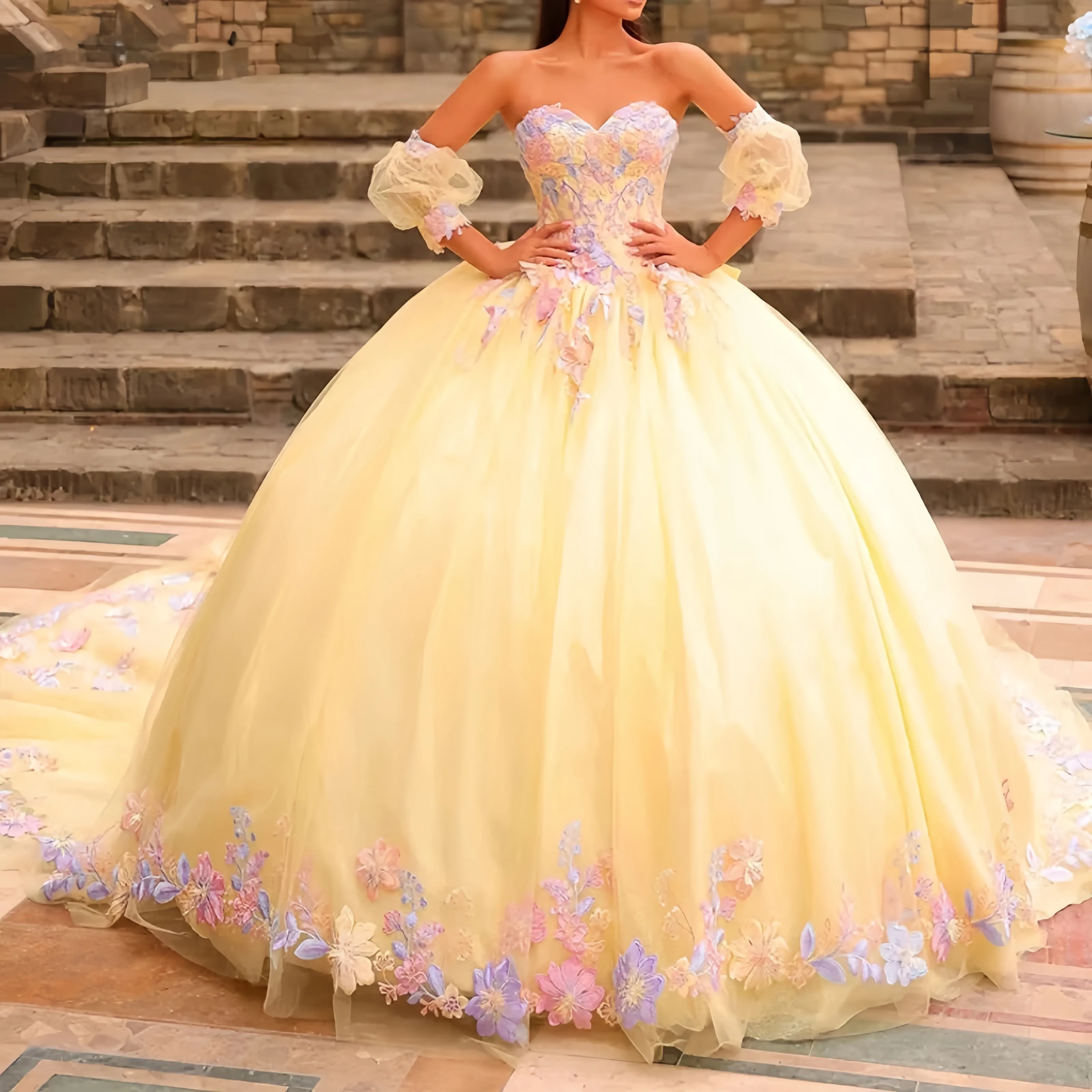 Colorful Flower Lace Applique Princess Quinceanera yellow prom dress with Sweetheart Corset and Detachable Sleeves - Perfect for Special Occasions and