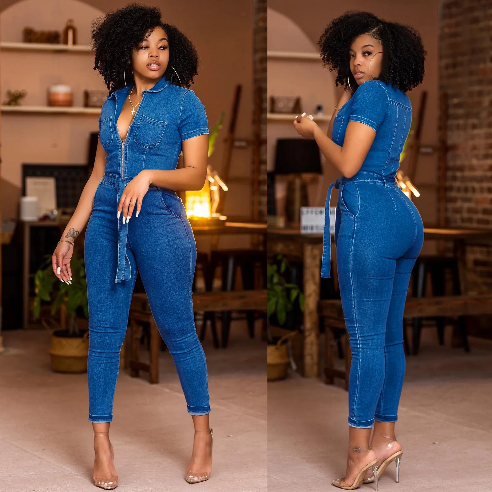 Plus Size Denim Jumpsuit: Blue Long Sleeve Jean Romper for Women Casual  Spring/Autumn Bodysuit with Zipper Closure