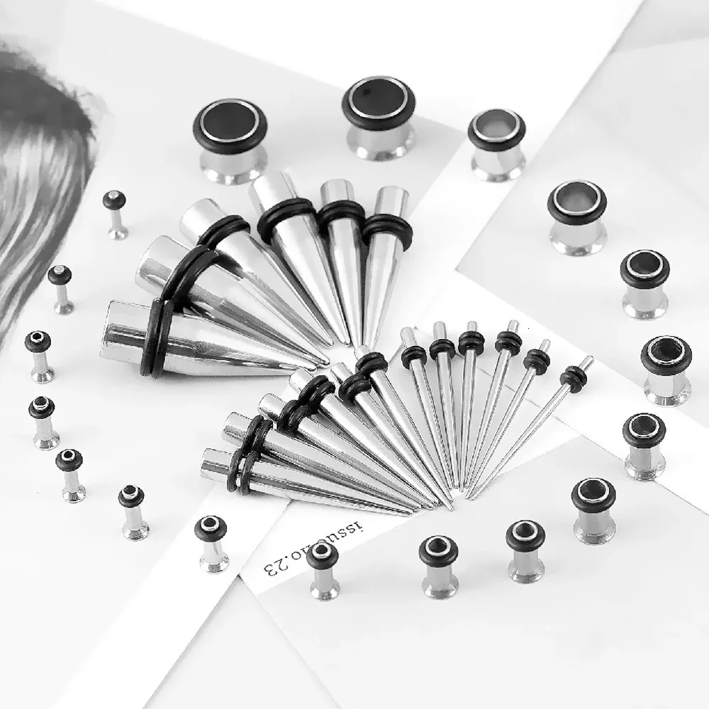 28Pcs Ear Gauges Stretching Kit 12G To 00G - Tapers & Tunnels, 316L Surgical Steel, Silver