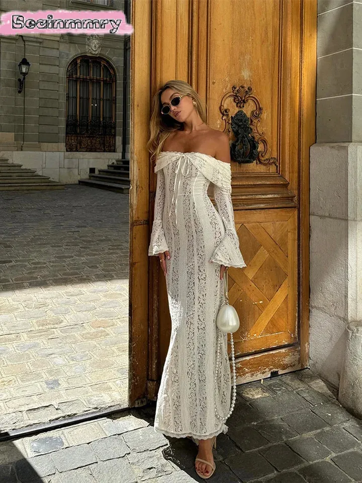 Elegant Lace Flared Sleeve Long strapless maxi dress with Hollow Out Slash Neckline and Slim Fit for Evening Parties - 250214