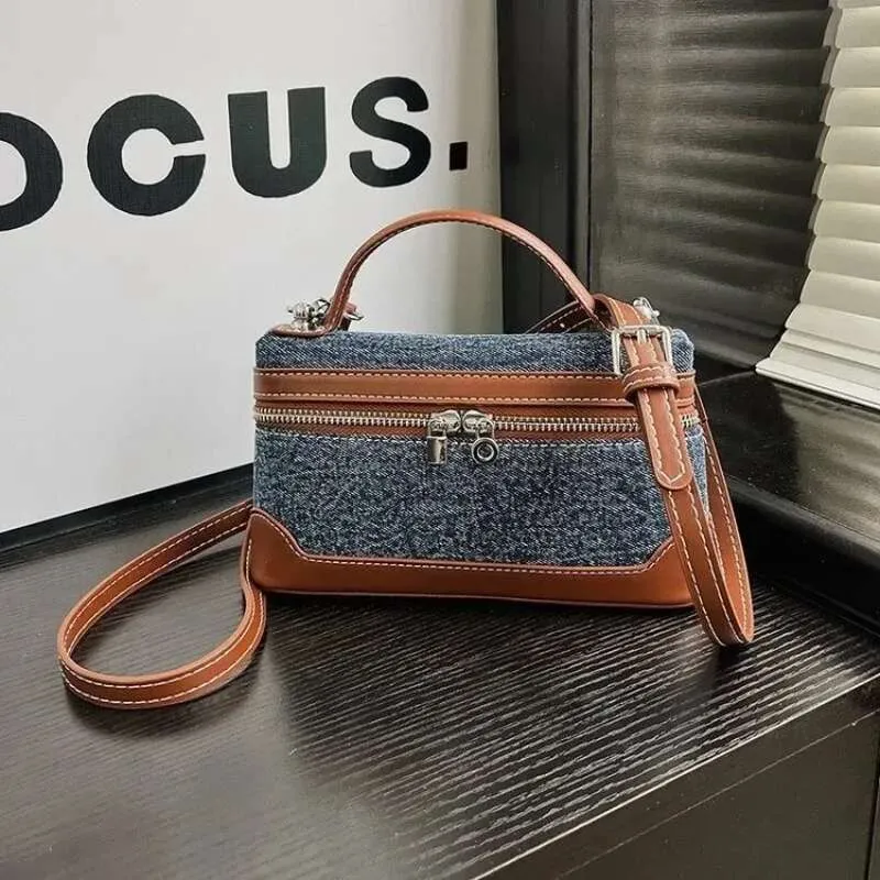 Denim Color Blocked Hand Held Small Square For Women 2024 New - Main Image