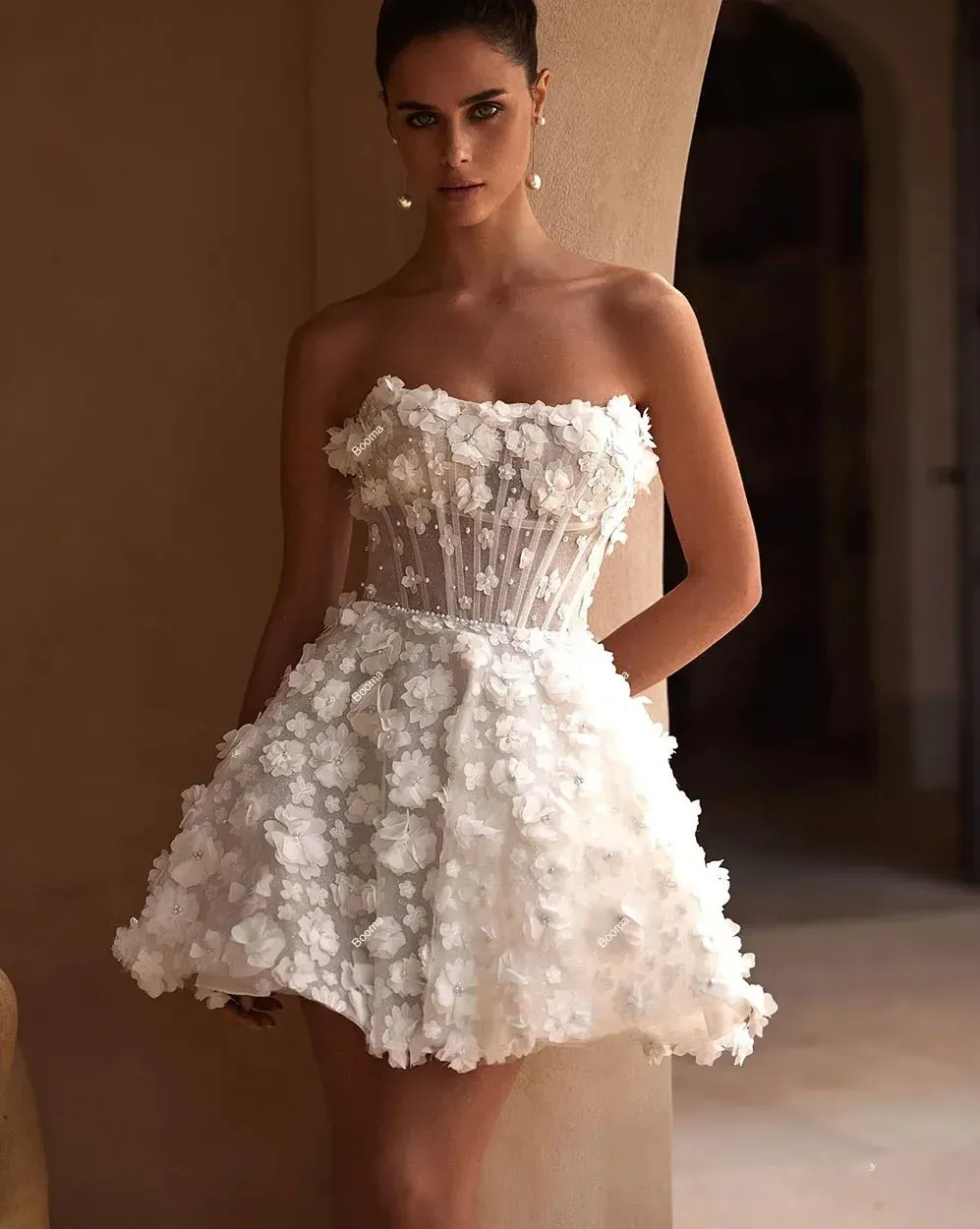 Short Wedding Dress with Detachable Train Off Shoulder 3D wers Lace Bridal  Gowns | eBay