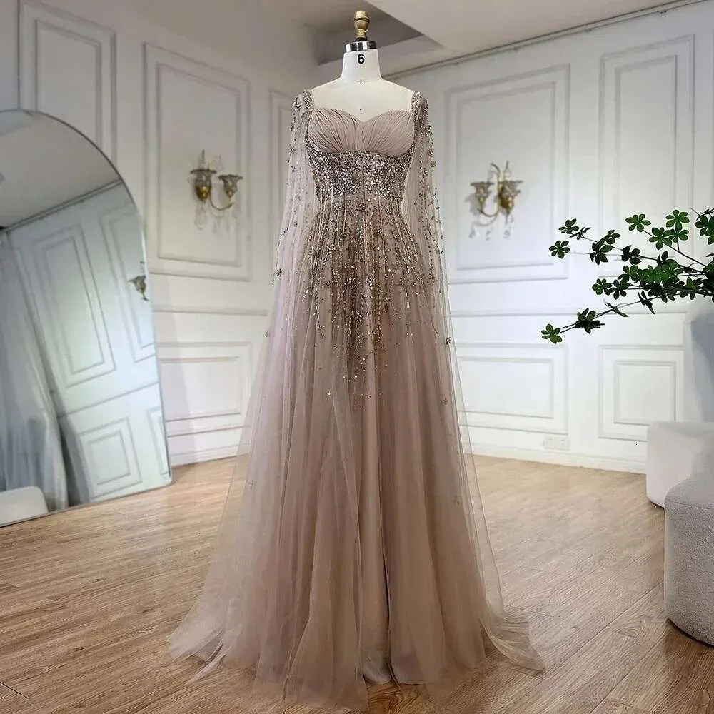 Customizable Arabic Dubai Stunning Evening Dresses with Beaded Tassel and High Slit for Women's Party in Champagne