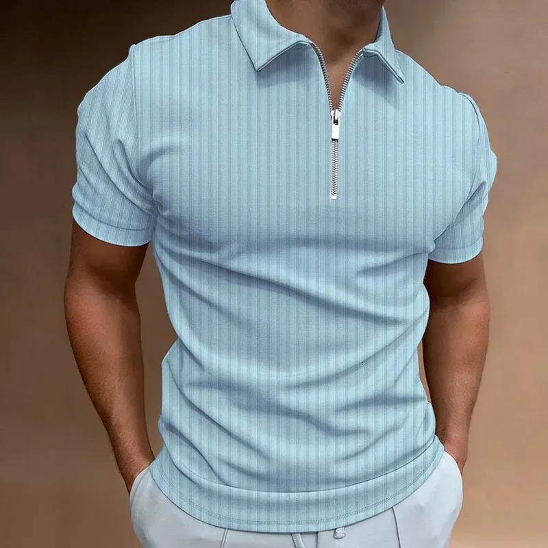 Mens Striped Polo Shirt Short Sleeve, Zipper, Slim Fit