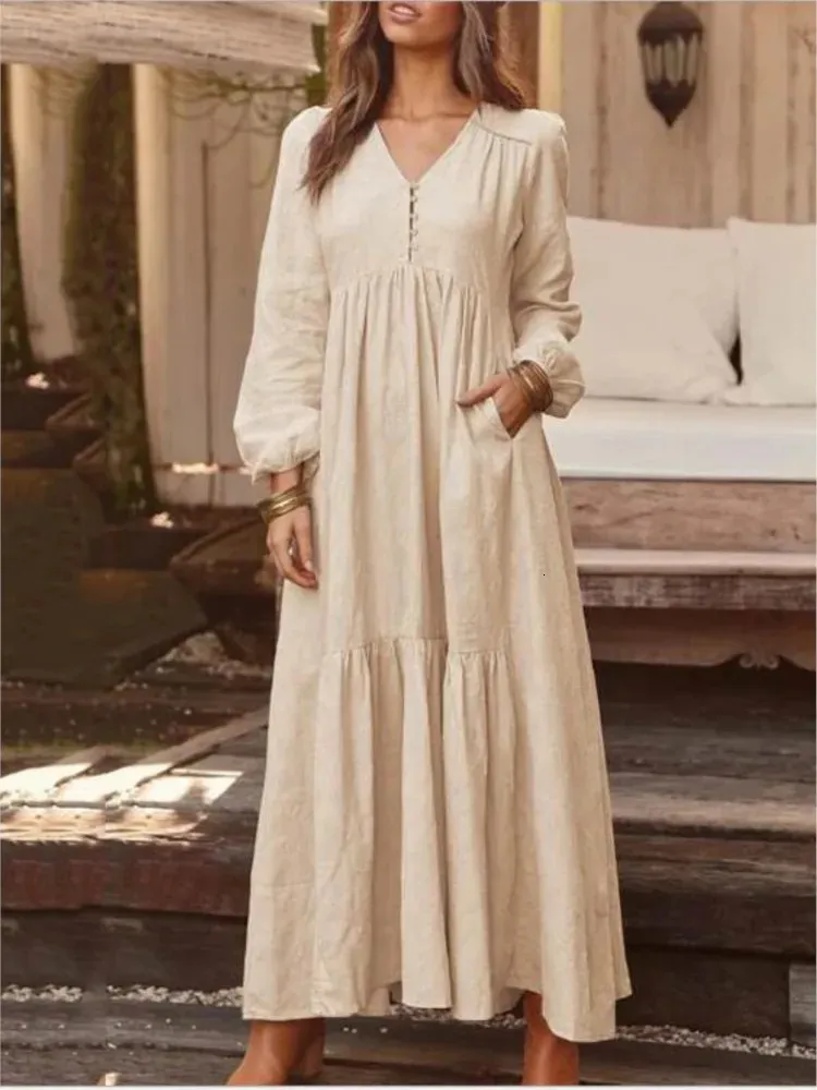 long sleeve cotton casual maxi dress for women Women Cotton Embroidered Maxi Dress Boho Long Sleeve Casual Party