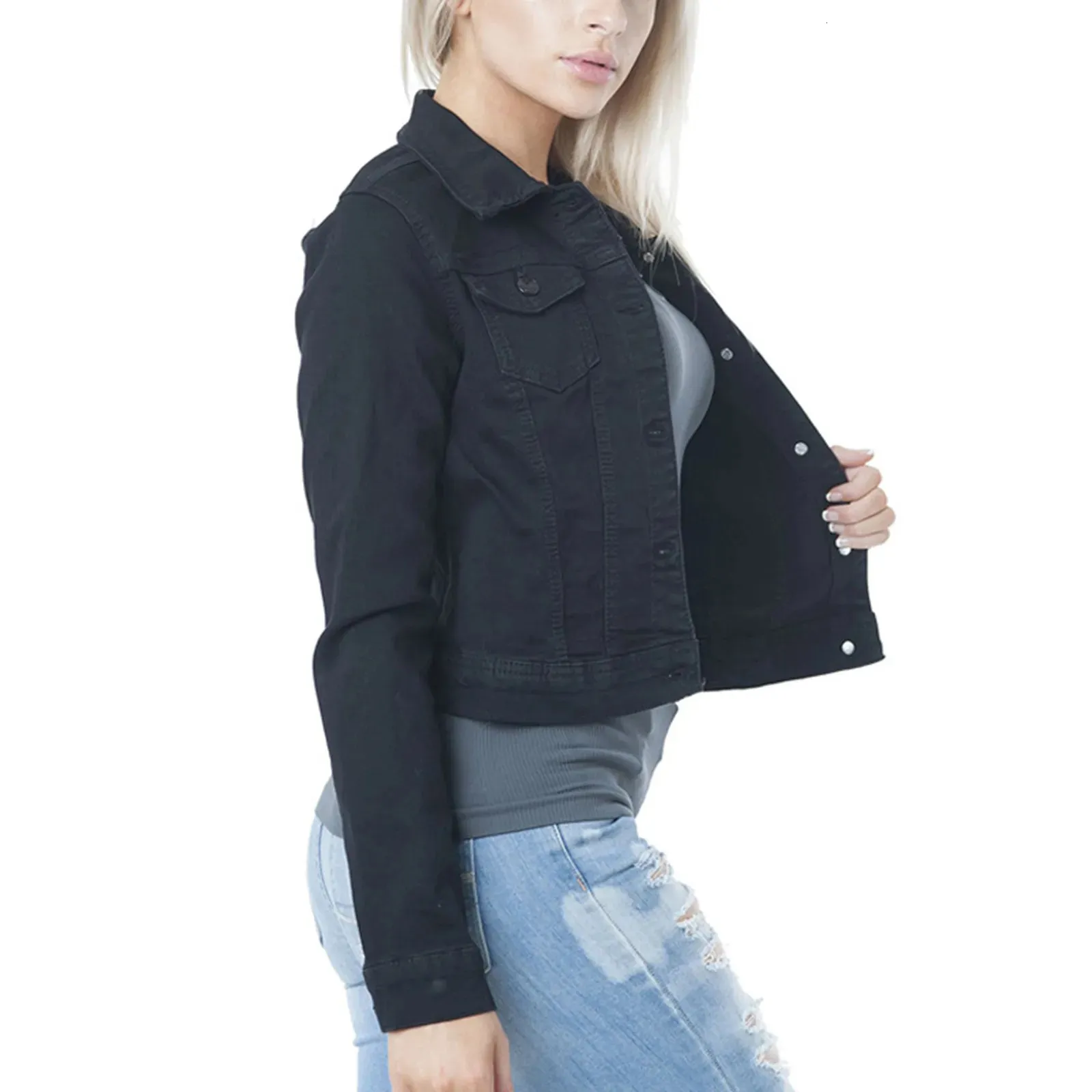  Solid Denim Black Denim Jacket Ladies 250217 Womens Denim Jacket