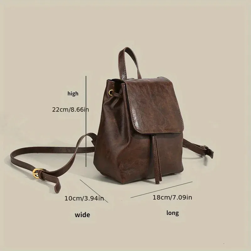 Small Drawstring Flap Backpack for Women, Mini PU Leather Textured ...