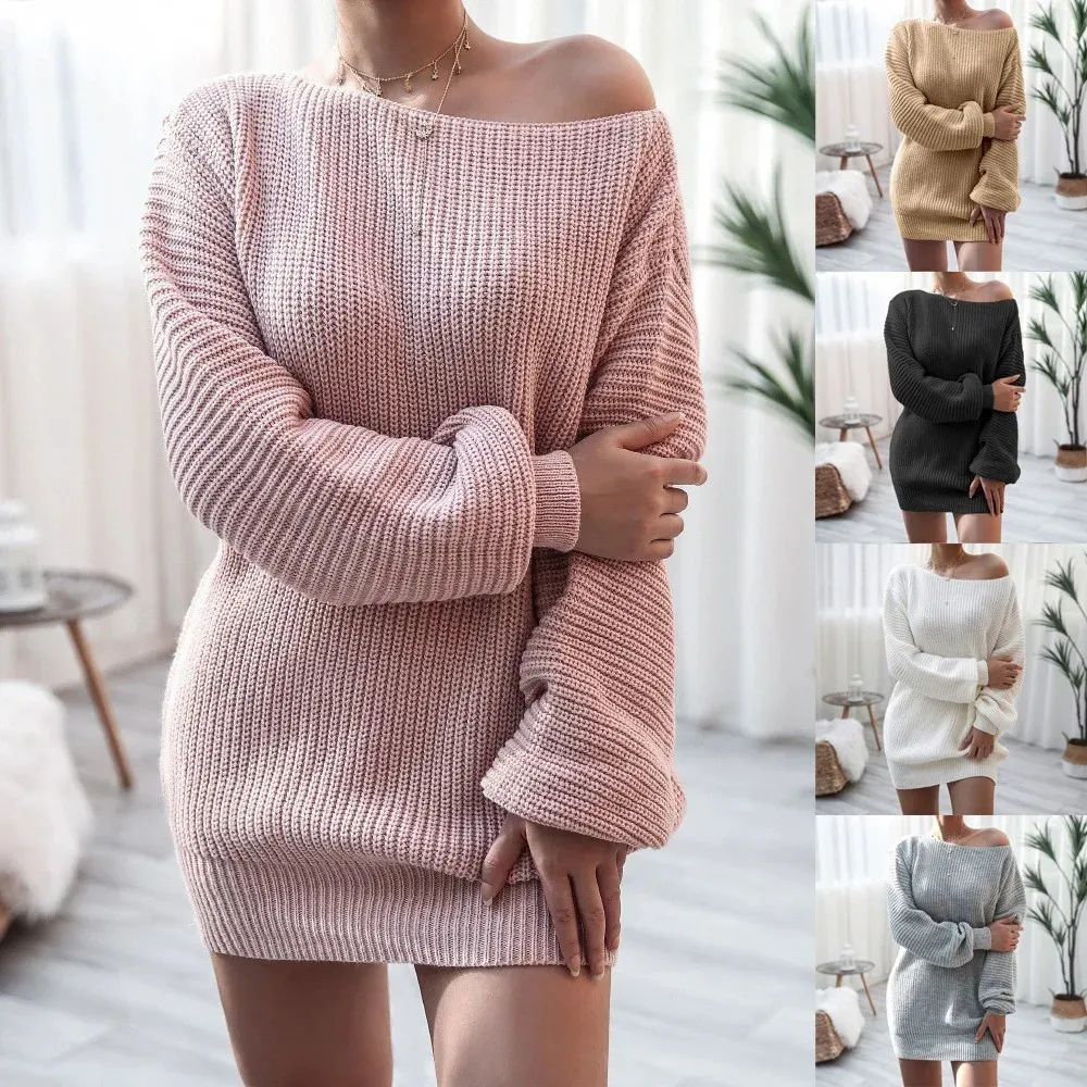 Womens Loose Dresses Turtleneck Sweater Dress: Casual Knitted Mini Dress with One-Word Collar, Loose Fit, for Daily Wear Womens Loose Dresses Turtleneck Sweater Dress: Casual Knitted Mini Dress with One-Word Collar, Loose Fit, for Daily Wear