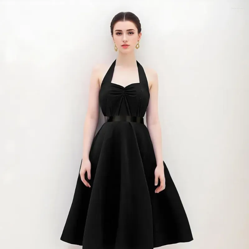Retro Cocktail Chic: Elegant Halter Neck A-Line Midi Swing Dress with Pleated Waist and Lace-Up Detail for Women's Casual Wear