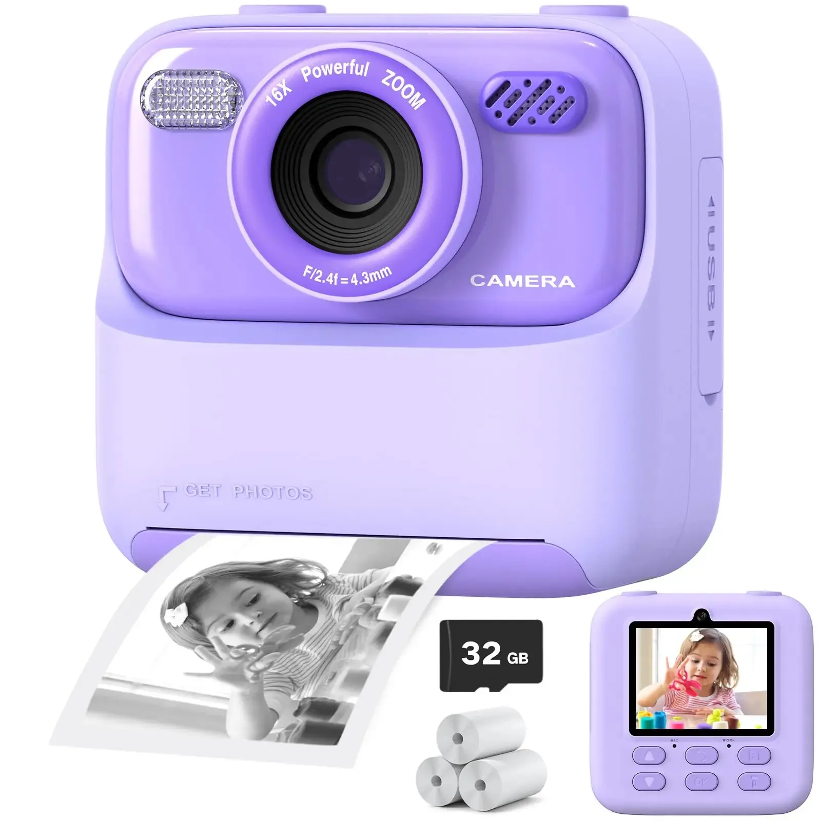 PURULU Kids Camera 180° Flip Lens, HD Video, 32GB SD, 3-8 Yrs, Blue