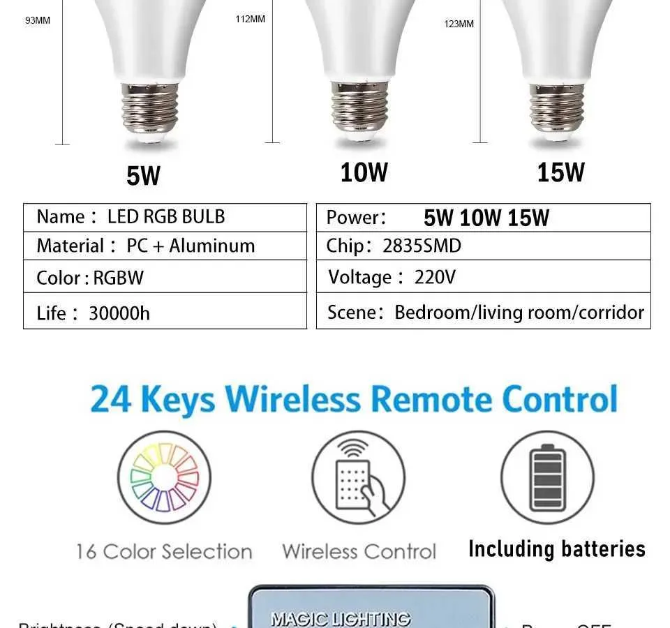 Smart Control LED RGB Color Changing Light Bulb Dimmable 5W 15W ...