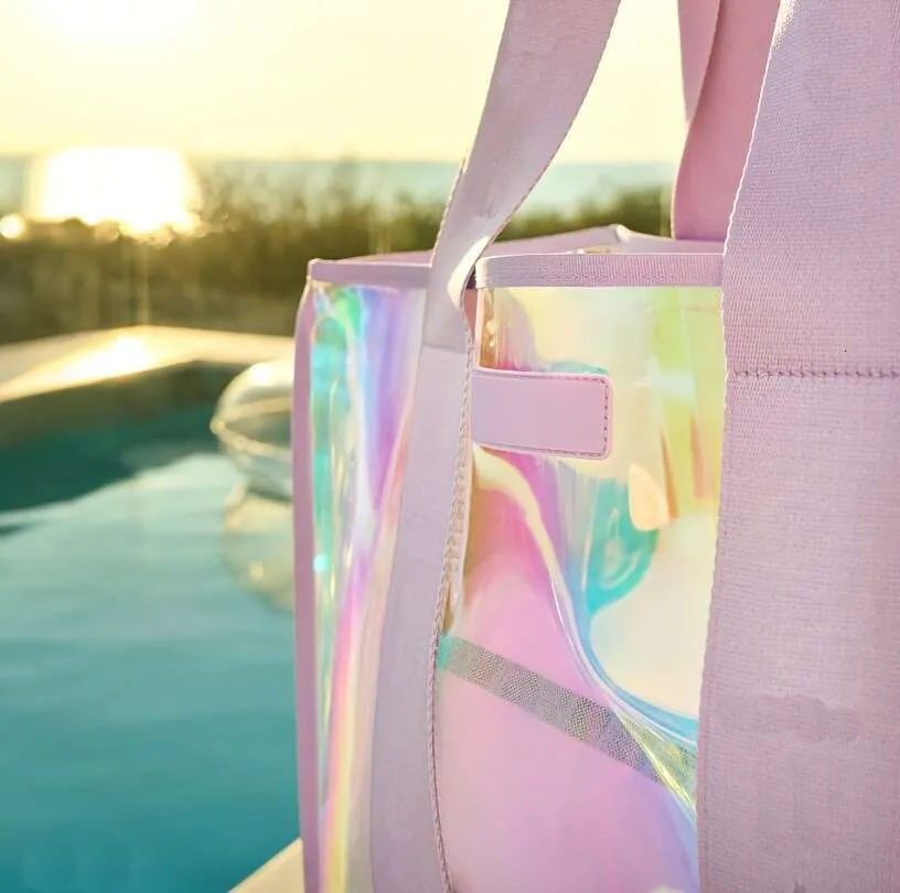 Holographic PVC Tote Women - Large Capacity, Waterproof, Pink, Fashionable Crossbody with Phone Pocket, Perfect for Summer Outings and Days, Beach Bag