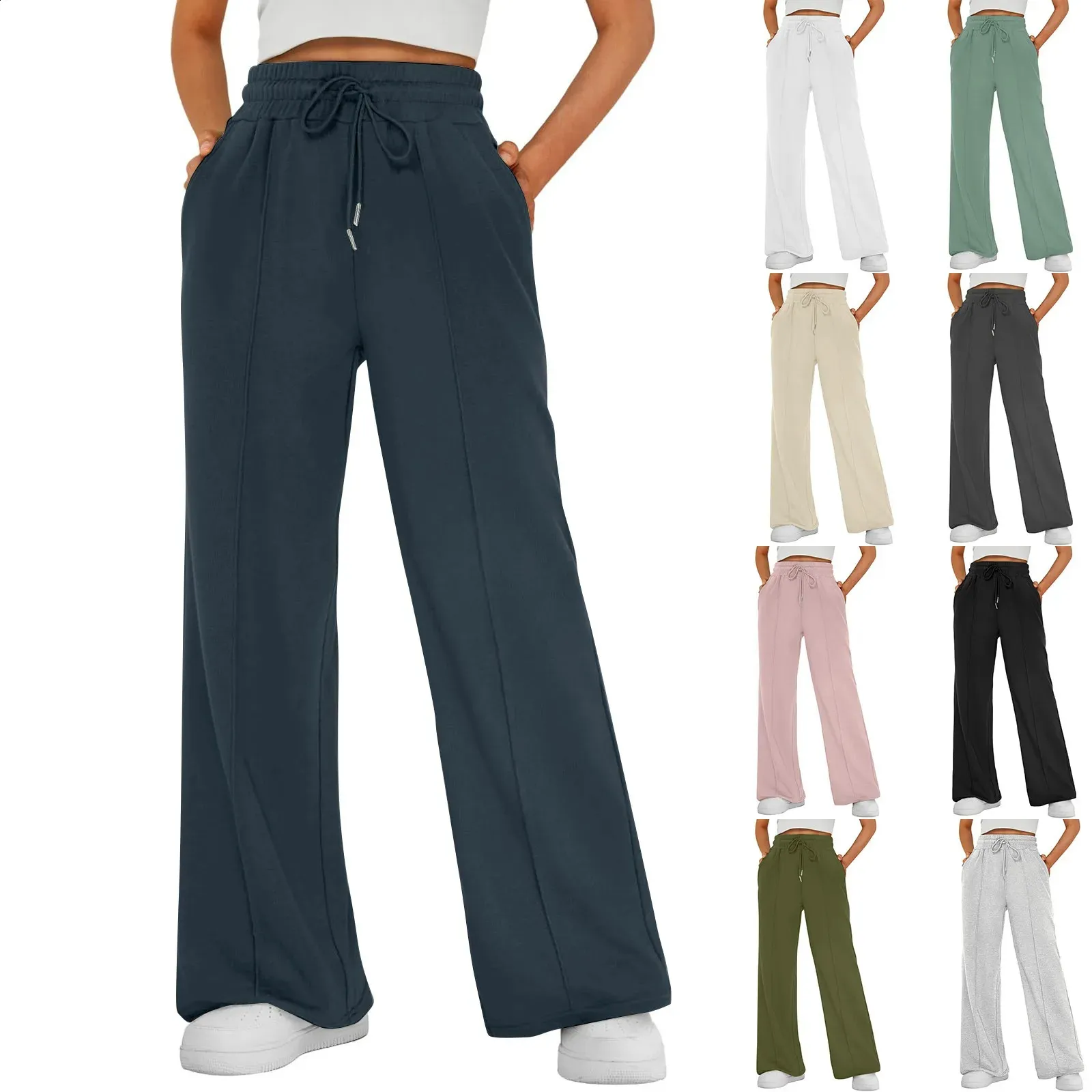 Pantaloni della tuta larghi da donna, con elastico in vita, pantaloni sportivi alla moda, comodi, a gamba larga, con tasche, casual, fitness, jogging, esercizi, pantaloni larghi, bianco, M