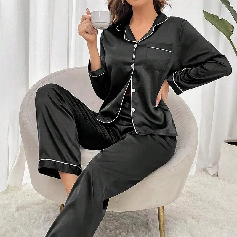 Womens Satin Pajamas Set Floral Lace Acrylic Button Tops Pants Summer ...