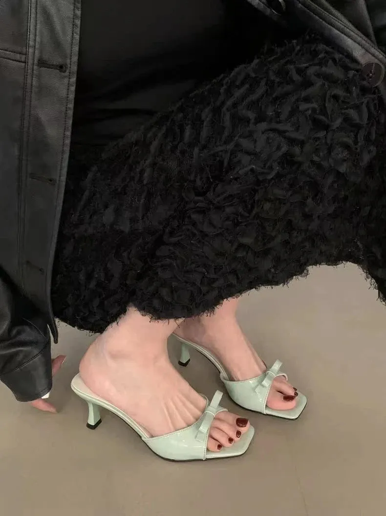 Arrivals Fashion Summer Butterfly Knot Woman Slippers Elegance Stripper Thin Low Heels Lady Mules Slides Shoes 250218_vogvips.com