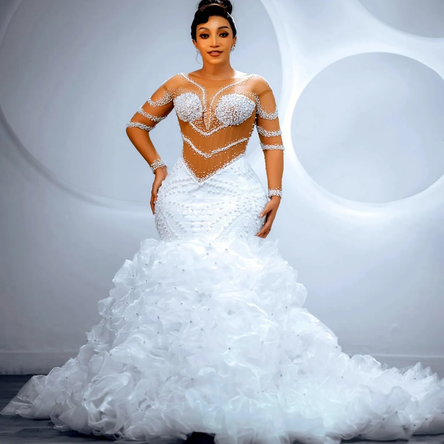 2025 Plus Size White Wedding Dress Beaded Pearls Tulle Sequined Long Sleeve  Lace-Up Back Sweep Train from Dhgate Mermaid Wedding Dresses - price 539.7