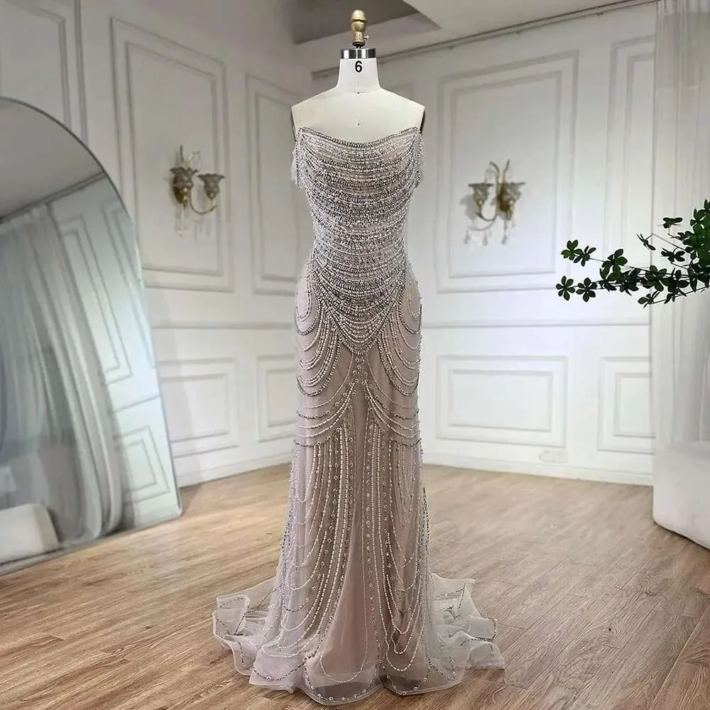 Stunning White Dubai Nude Strapless Mermaid Strapless evening dress with Pearls and Beading for Women's Prom Party - BLA