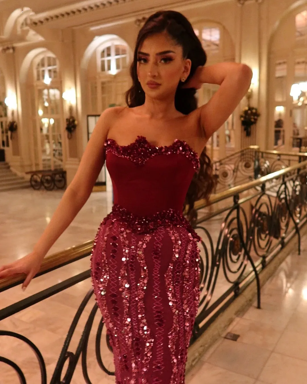 burgundy strapless mermaid prom dress Leely Women Burgundy Beaded Satin Mermaid Prom Dress with Slit Strapless Sequined Sweep train Formal Dress