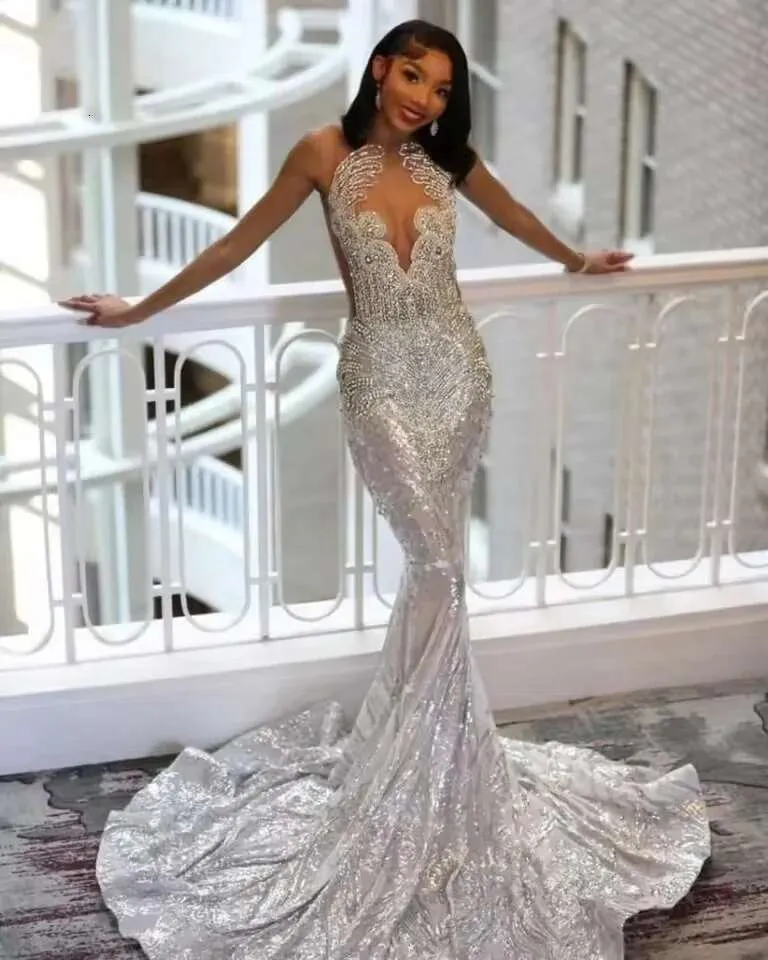 Long Black Girl Prom Dresses Mermaid Silver Prom Dress Sequins Gala Gown Y555 main image 1
