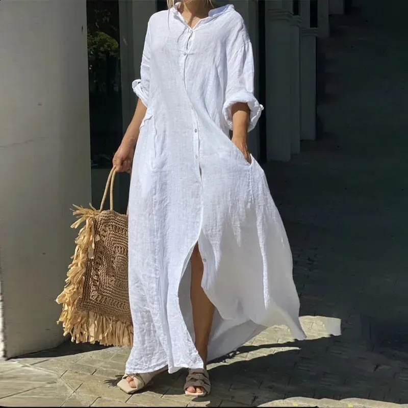 2024 Spring Cotton Linen Oversize Women Dress Long White Button Loose Dresses Female Casual Trendy Elegant Ladies Clothes 250326