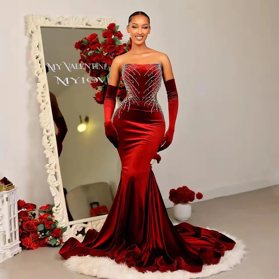 Customizable African Evening Birthday Gown with Beaded Gloves - Elegant Veet Mermaid party wear prom dresses 2025