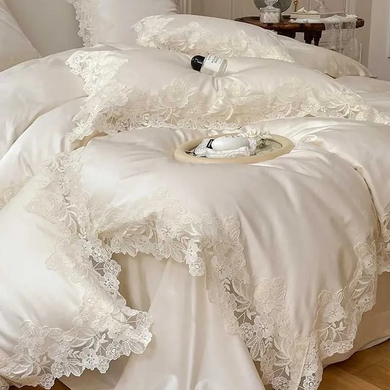 4/7-teiliges Bettwäsche-Set mit französischer romantischer Hochzeit, schicke weiße Spitze, 1000TC ägyptische Baumwolle, ultraweicher Bettbezug,