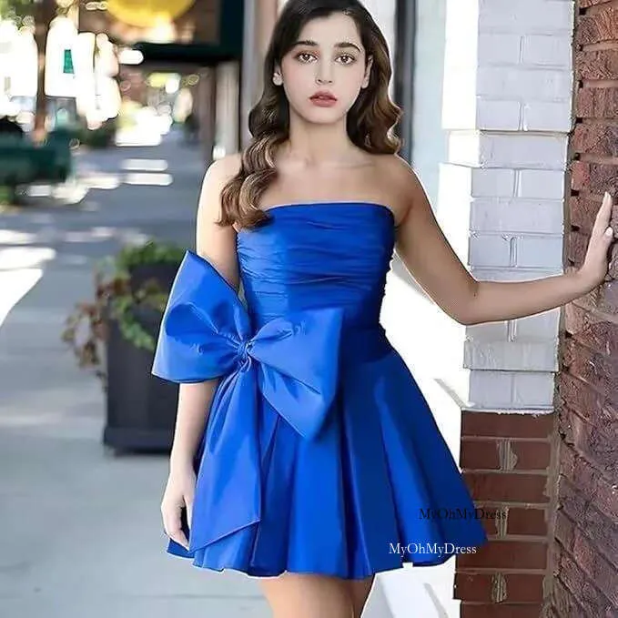 2024 Elegant Strapless Satin Pleated Midi with Lace Double Bow Homecoming Dress Bm3224 0213