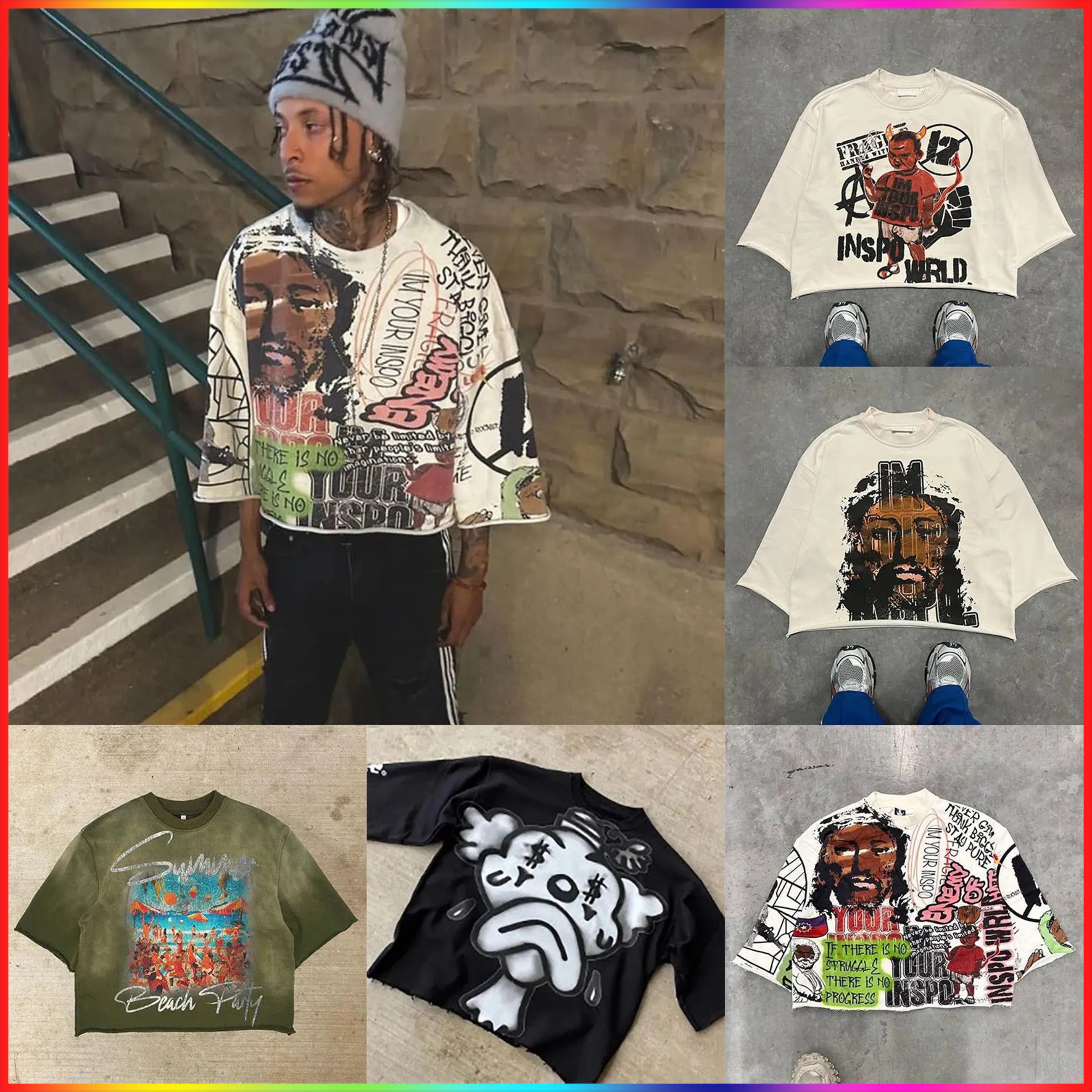 2025 Men's T Shirts Shirts Mid Long Sleeve Mens Womens Punk Hip Hop Graffiti Style Graphic Fashion cartoon T-shirts Oversized Harajuku Loose Styles Man Womens Tshirts