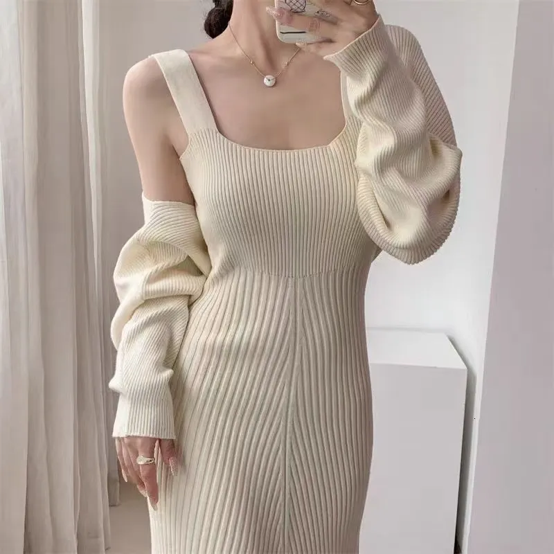 French Suspender Knitted Waist Cinching Dress and Long Sleeved Short Top  Two-piece Set for Autumn from Dhgate Womens Knits & Tees - price 36.19