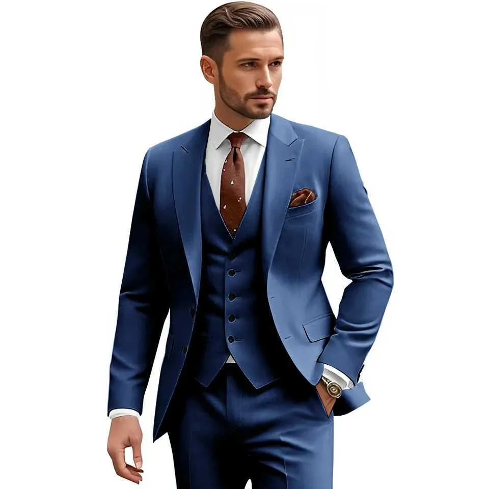 Men's Slim Fit 3 Piece Suit - Peak Lapel One Button Wedding Tuxedo Jacket Vest Pants Set