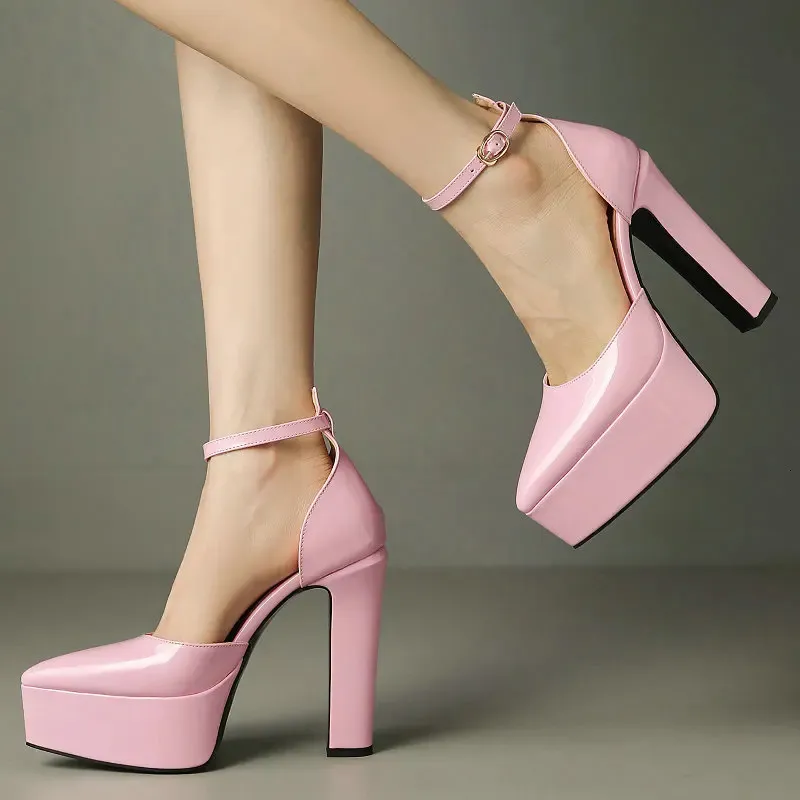 PU Patent Leather Pink Green Pointed Closed Toe Women Mary Janes Pumps ...