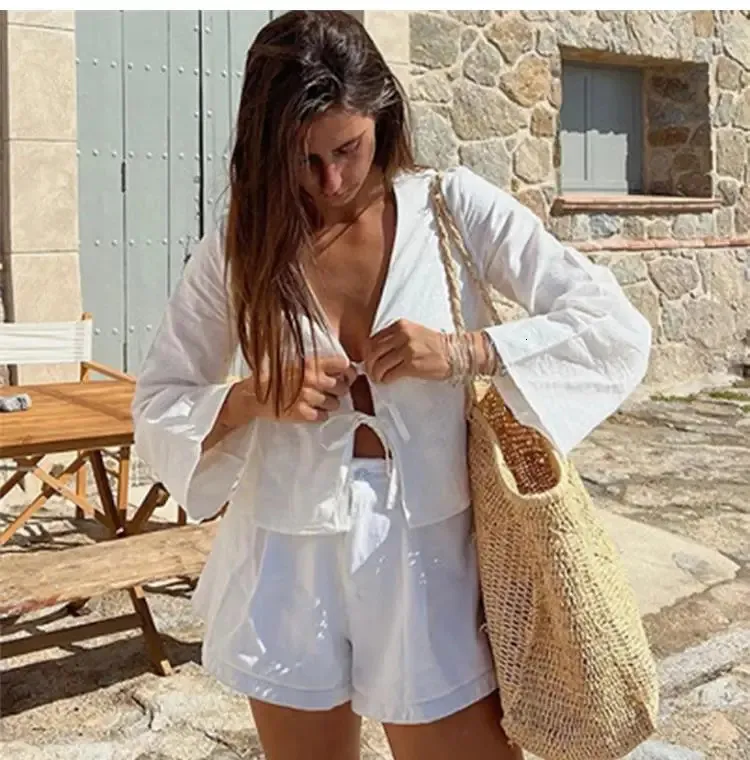 Alobee Loose Lace-Up Bow Shirt: Elegant Women's V-Neck Long Flare ...