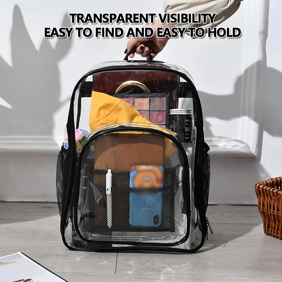 Modischer, transparenter PVC-Rucksack, wasserdicht, Damen-Rucksack, durchsichtig, für Teenager, Outdoor-Sport, großer Stauraum, 250214_voghion.com