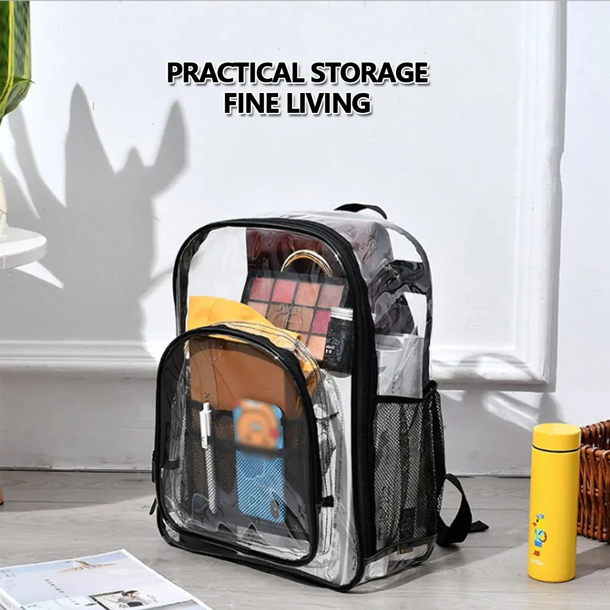 Modischer, transparenter PVC-Rucksack, wasserdicht, Damen-Rucksack, durchsichtig, für Teenager, Outdoor-Sport, großer Stauraum, 250214_voghion.com