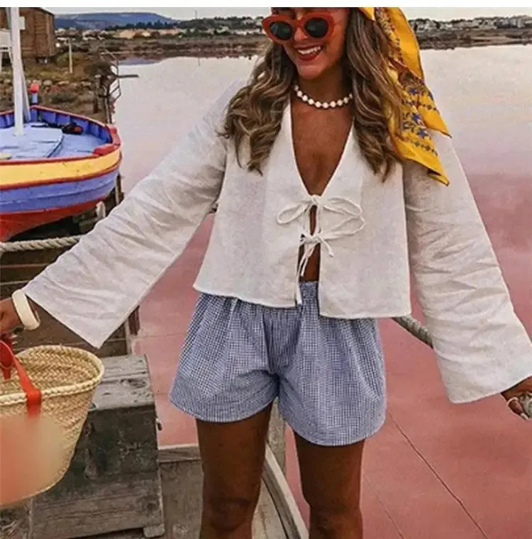 Alobee Loose Lace-Up Bow Shirt: Elegant Women's V-Neck Long Flare ...