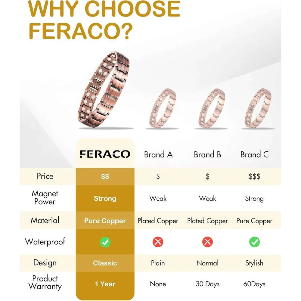 Feraco Bracciale da uomo in rame con 3 braccialetti magnetici