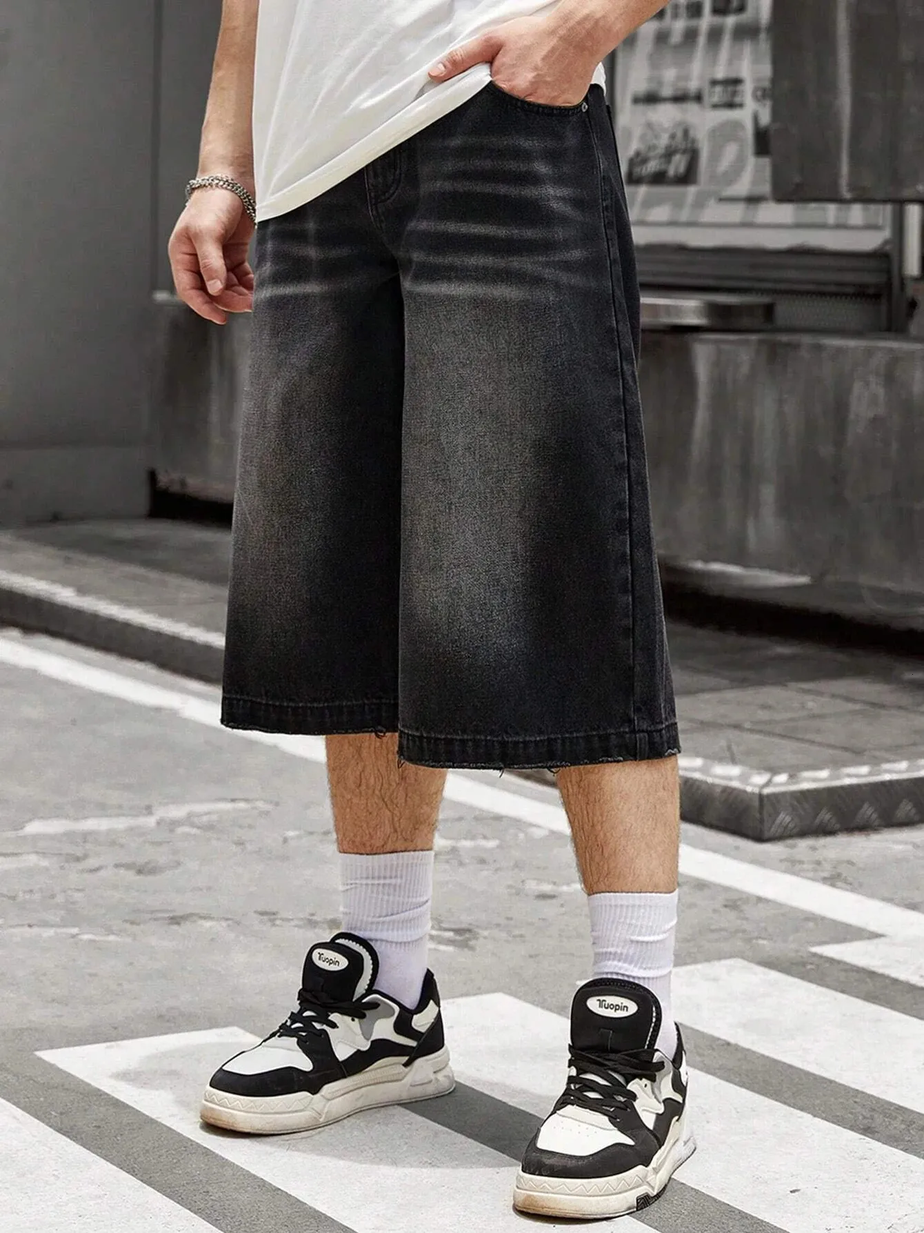 ReddaChic Mens Streetwear Baggy Denim Shorts - Low Waist