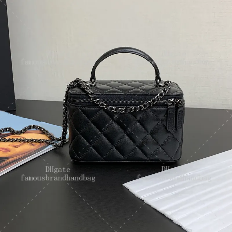 Designer Lambskin Leather Black Vanity Bag With Chain Luxury Designer Lambskin Leather Black Vanity Bag With Chain Luxury