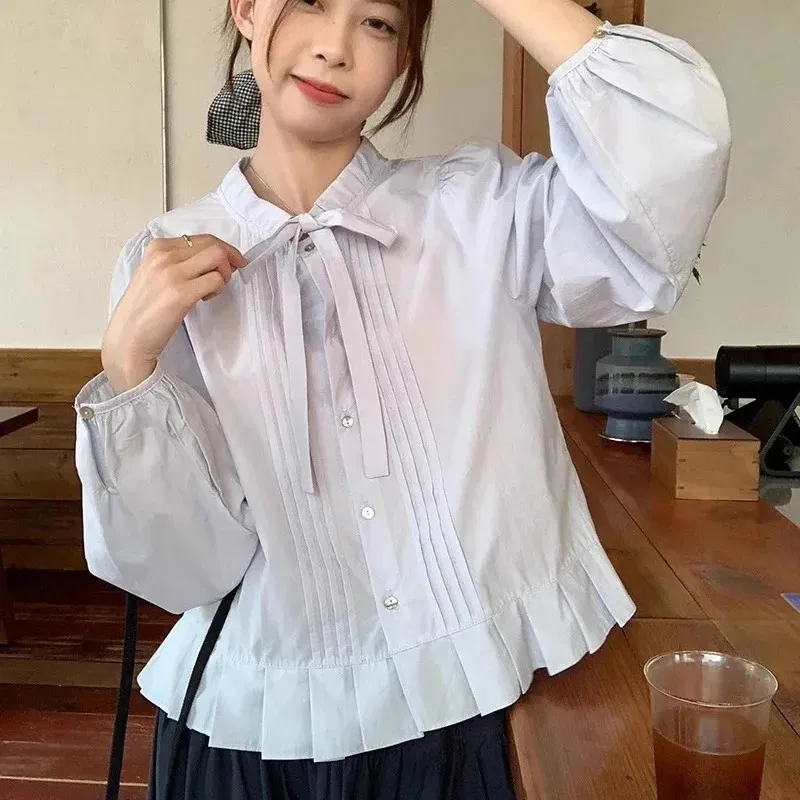 Blusa Blanca De Pajarita Azul De Las Mujeres Manga De Globo